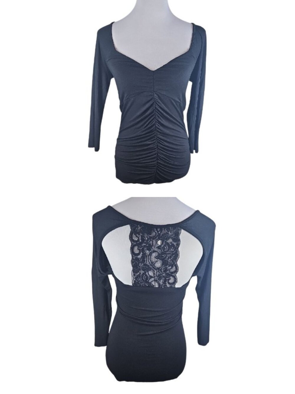 BKE Boutique Buckle Black Ruched Lace Bodycon Top M Whimsigoth Dark Feminine Y2K